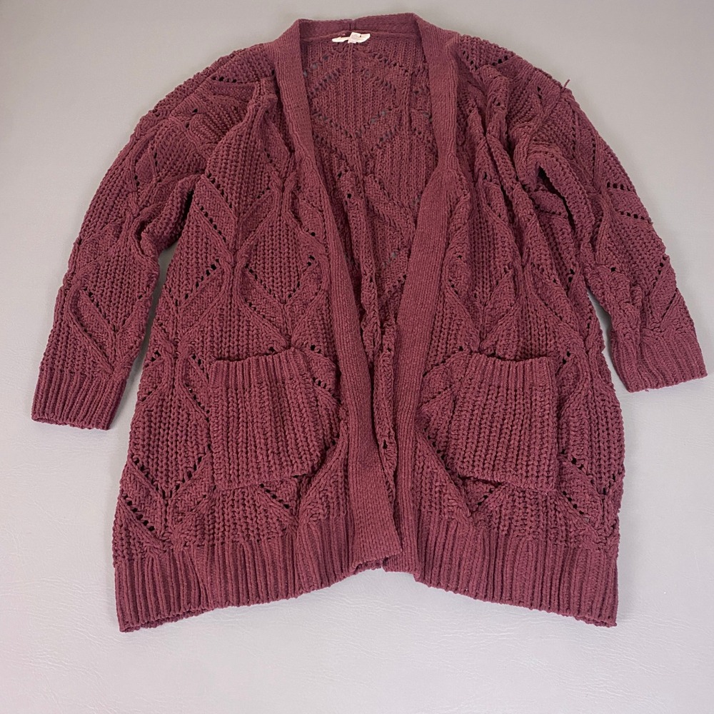 Terra & Sky Cardigan Sweater Women's Plus Size 2X Burgundy Pointelle Open Long